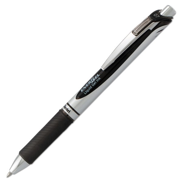 Pentel EnerGel RTX Gel Pen, Retractable, Medium 0.7 mm, Black Ink, Black/Silver Barrel, 12PK BL77PC12A1